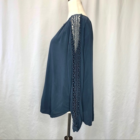 LOFT rayon Henley blouse with open lace panels on front and sleeves slate XS - Picture 5 of 8
